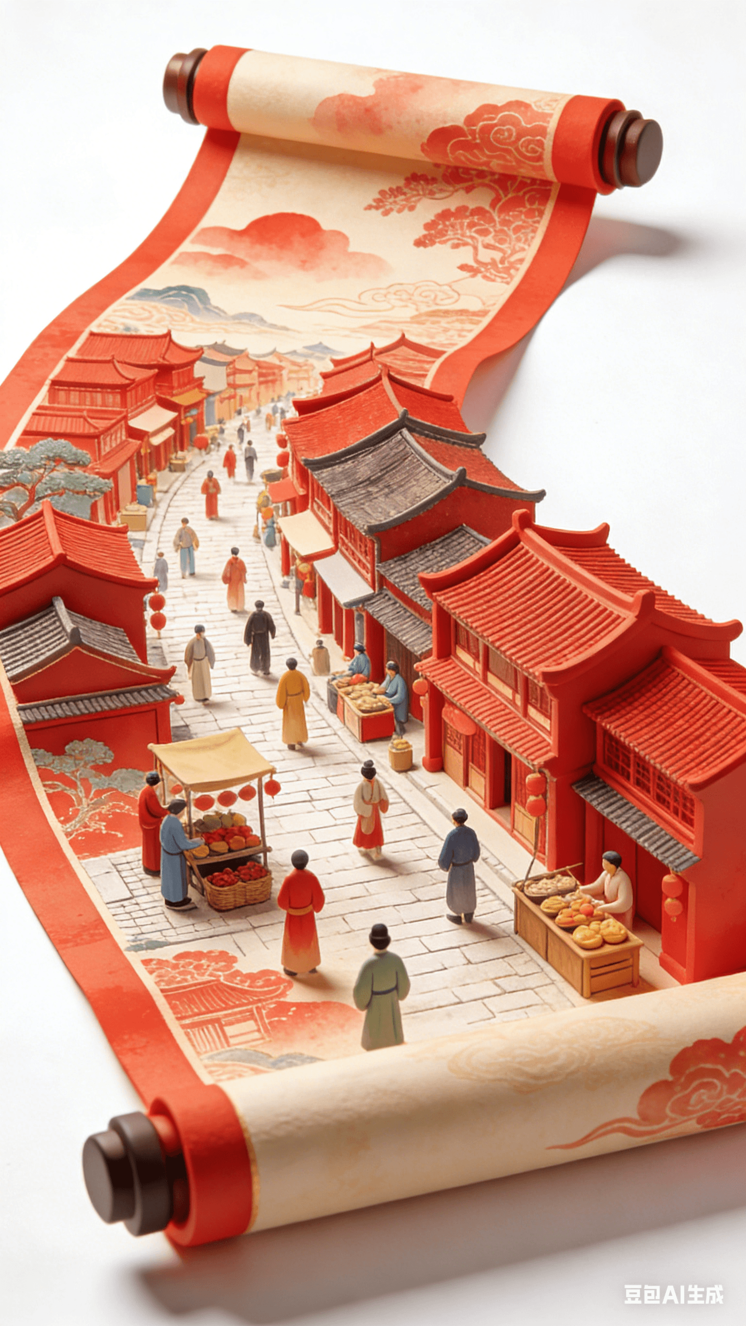国风立体古镇插画设计：长卷画轴上的红色调立体街道与人群