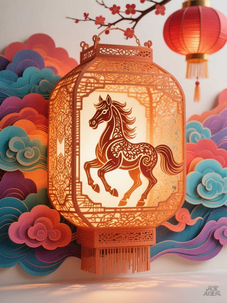 精美绝伦的中国传统 3D 立体纸雕灯笼，内有一匹奔腾的可爱剪纸小马造型