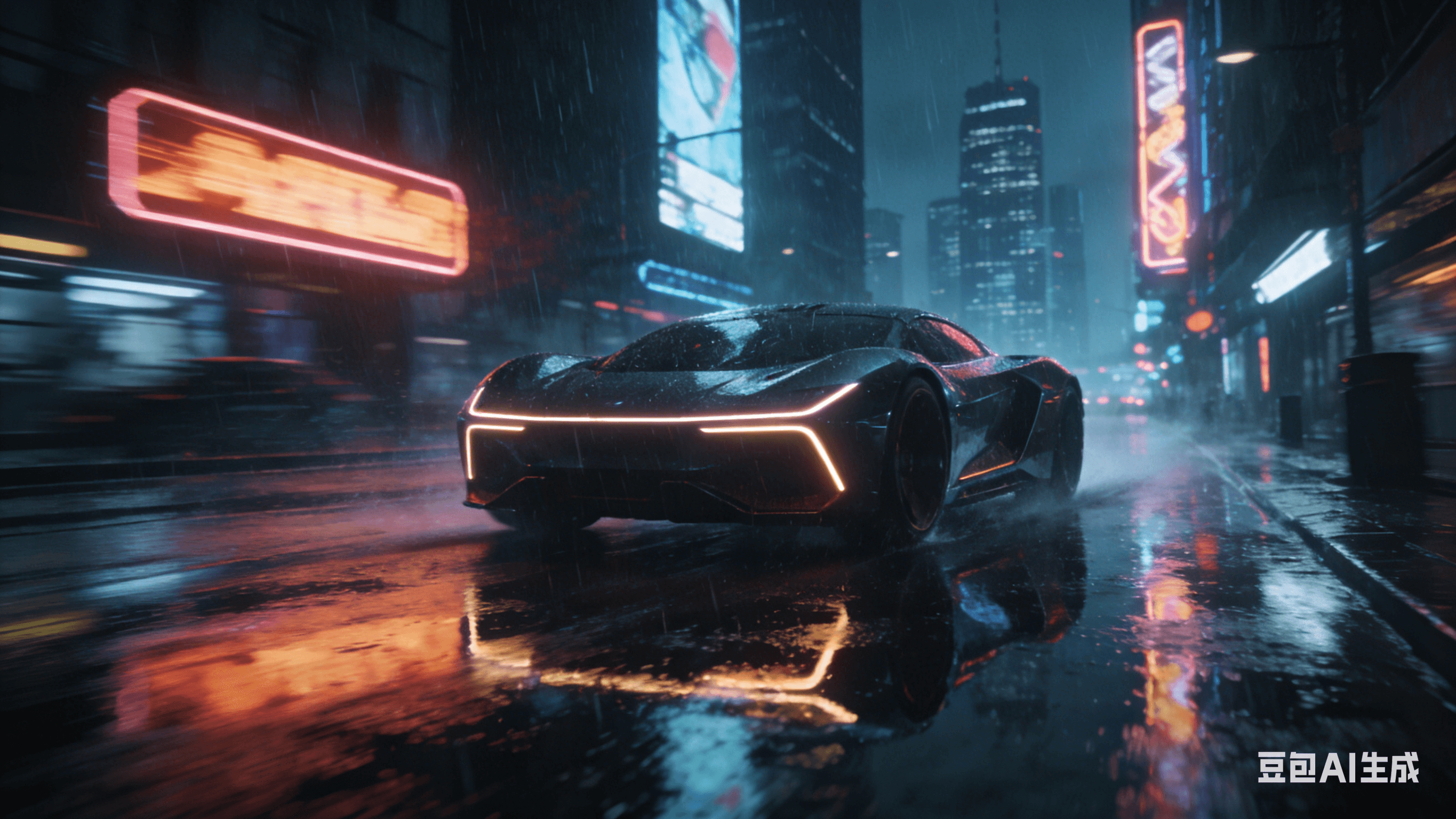 夜间赛博朋克街道：霓虹灯、雨水与未来派汽车的视觉盛宴