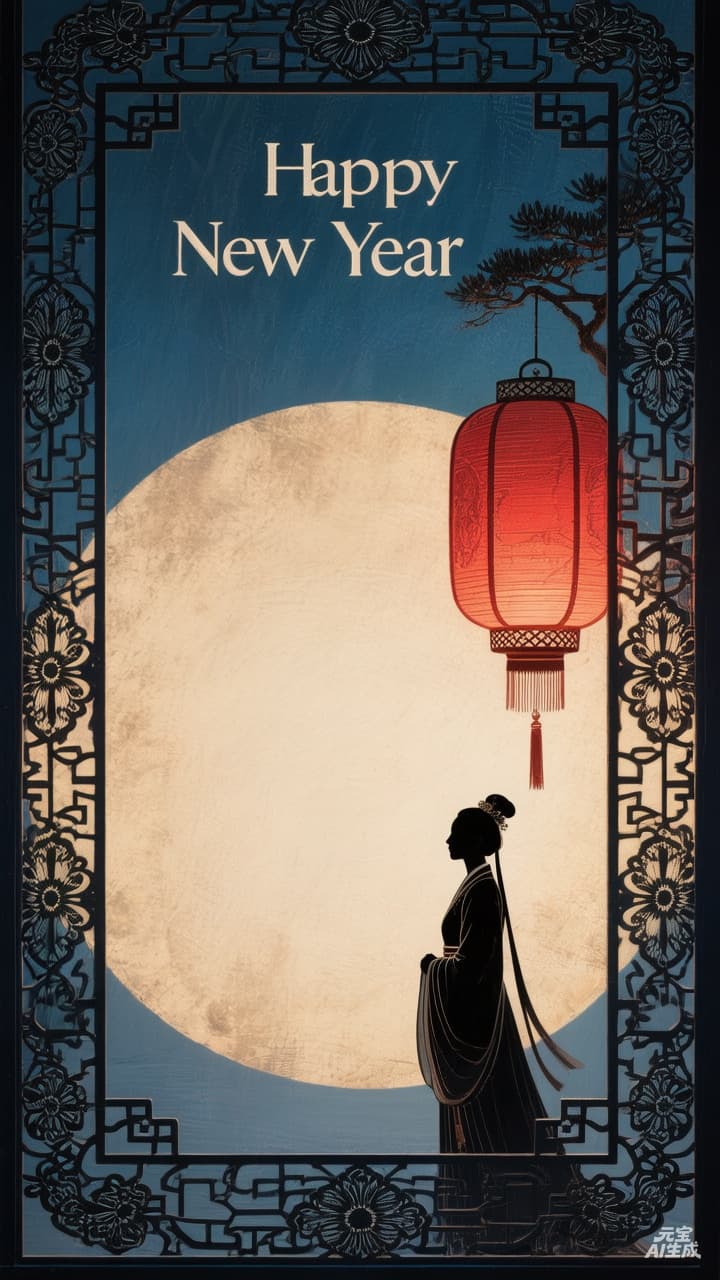 新中式国风9:16竖版插画壁纸 - 藏蓝背景红灯笼汉服剪影