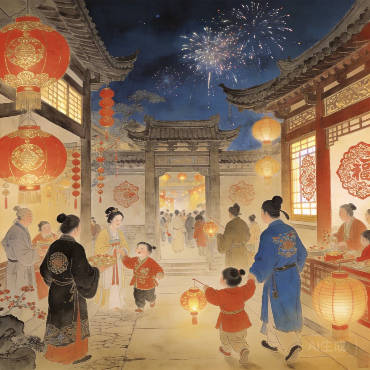 宋代美学风格三维渲染除夕画卷：微缩景观展现家人团圆吃年夜饭、放鞭炮、贴春联、舞狮子等新年盛景，以中国红和金色为主色调，光影对比强烈