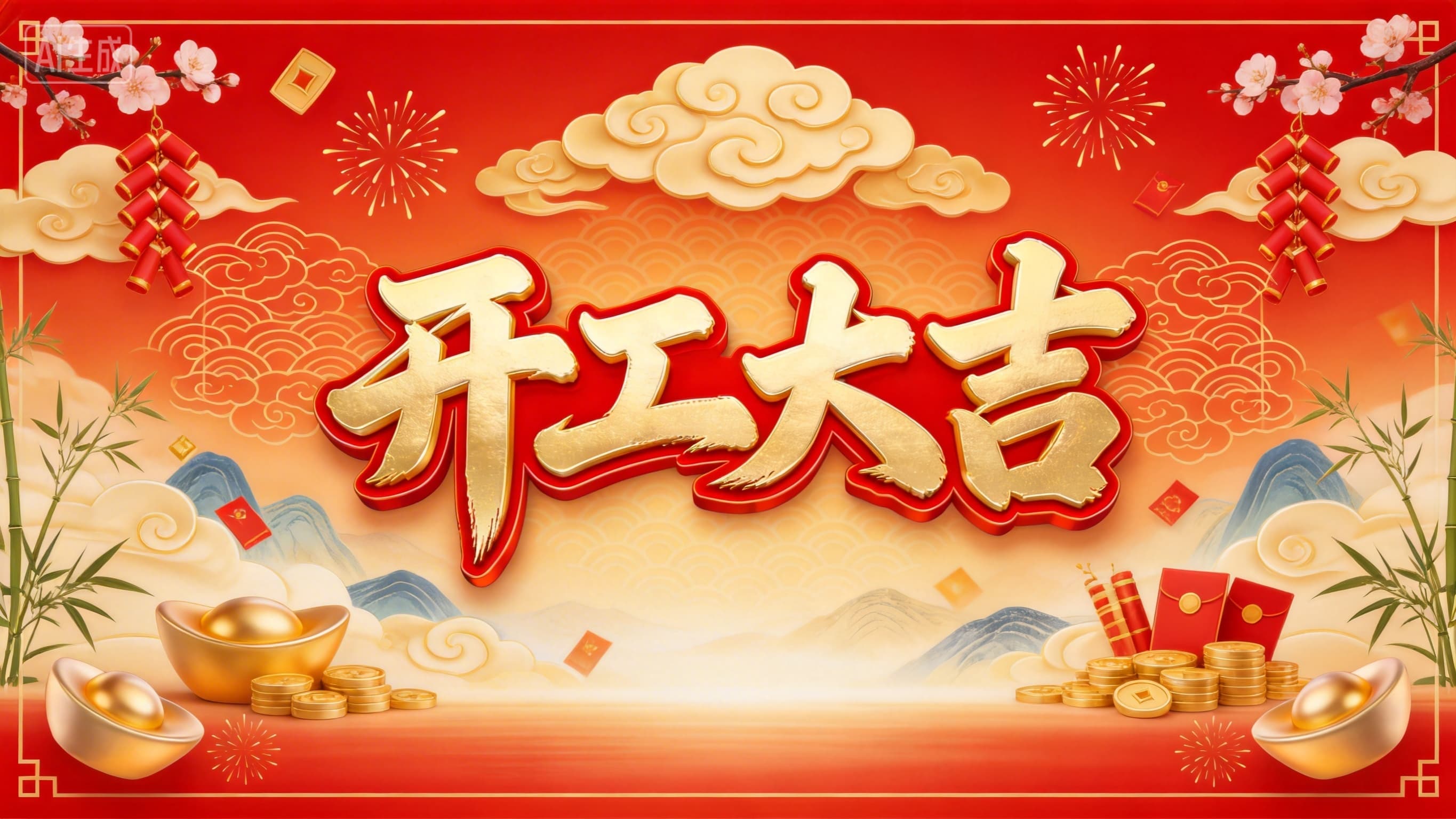 开工大吉公众号封面配图设计:传统吉祥元素与立体书法字体详解