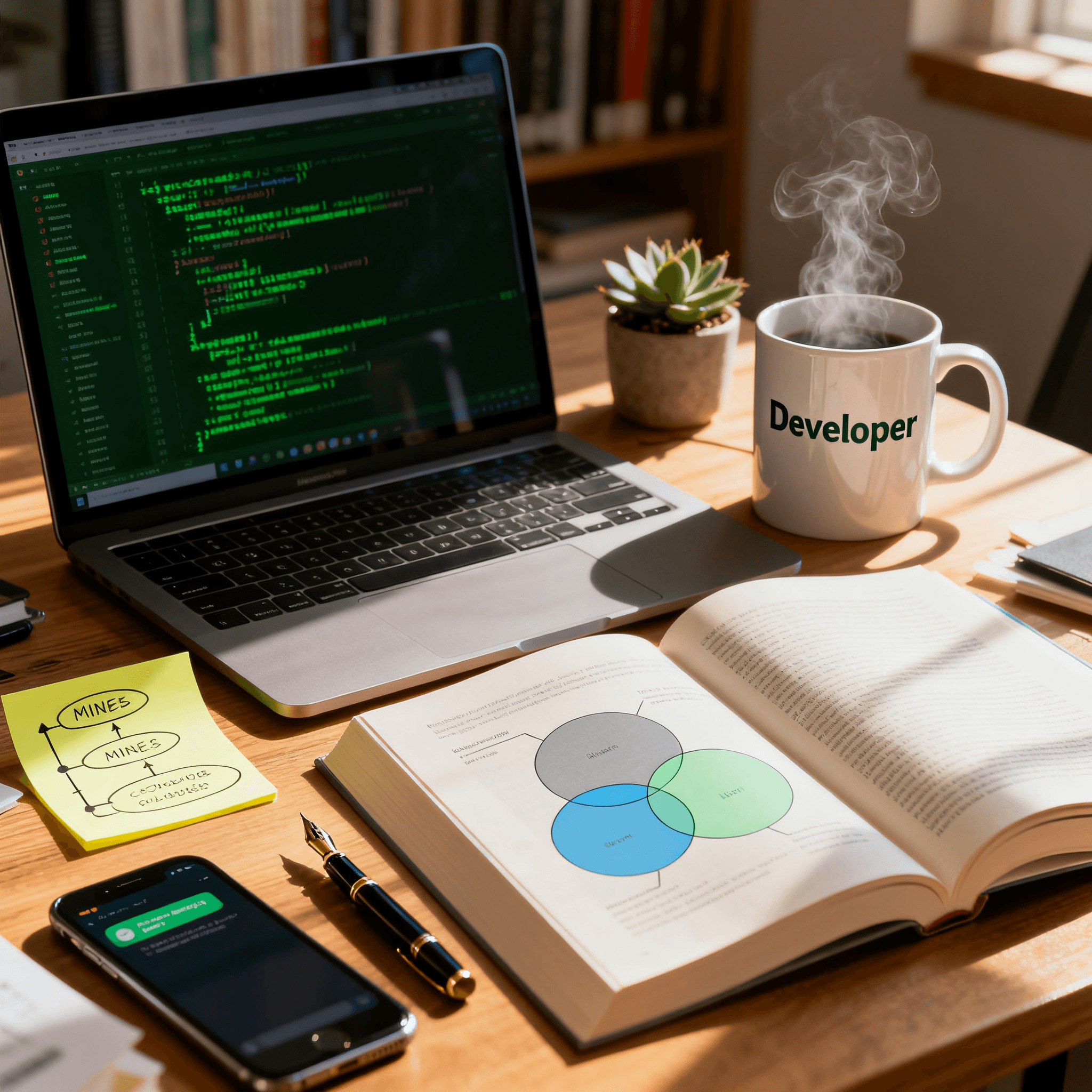 凌乱办公桌桌面场景:笔记本电脑、开发者马克杯、维恩图书籍与思维导图