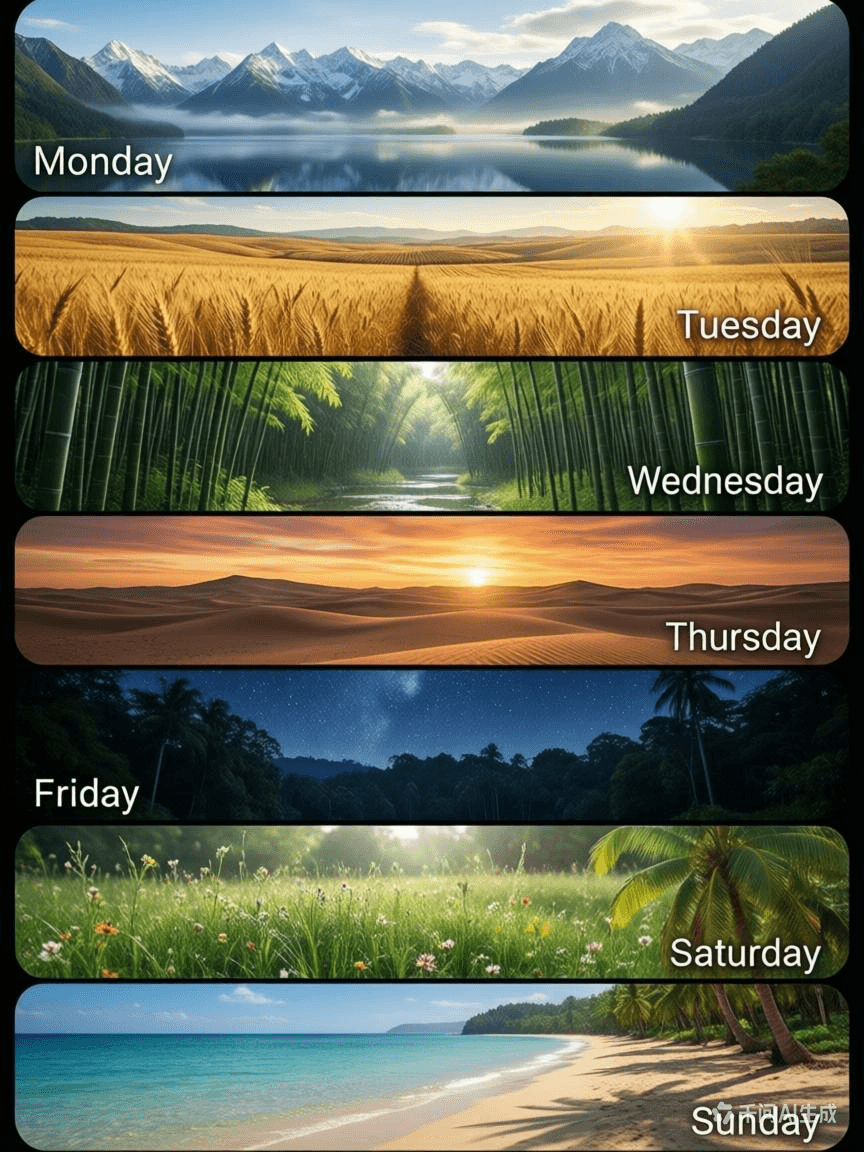 生成周一到周日共七张手机壁纸图,自然景观,每张图对应标注日期。