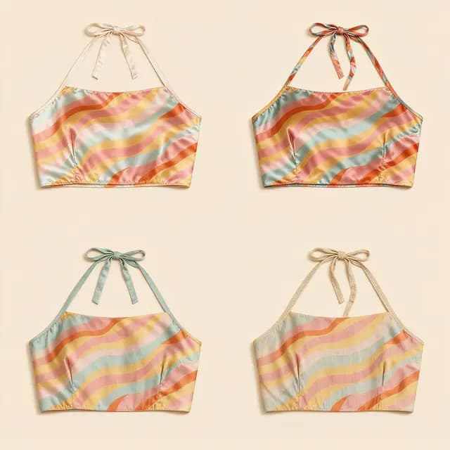 参考模特生成四件不同材质和颜色的上衣,衣服款式与图中女生身上的衣服一致,只要衣服,不要模特。 *参考款式 *